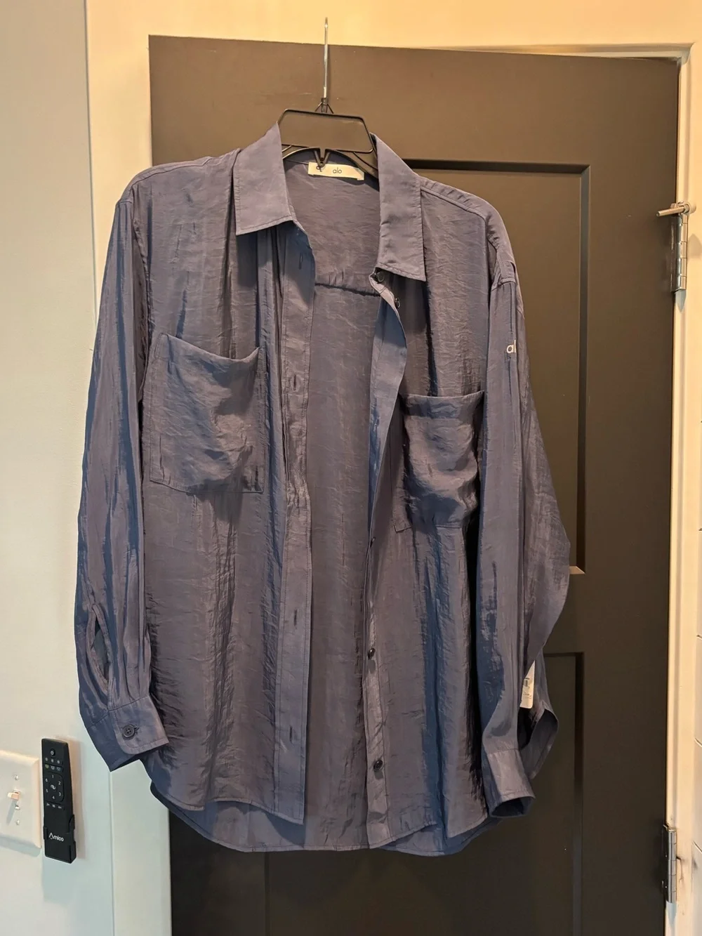 ALO Yoga Semi-Sheer Golden Hour Button Down Long Sleeve Small Navy NWT Top Shirt
